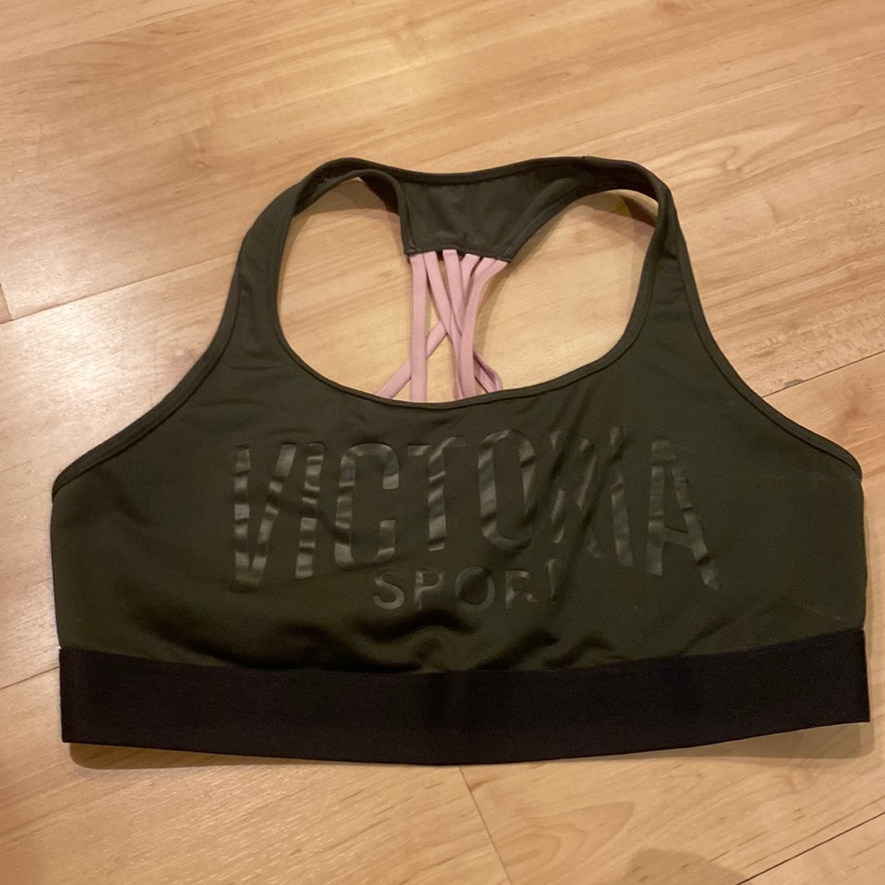 Victoria’s Secret “The Player” Sports Bra Size Large Dark Green w/pink straps